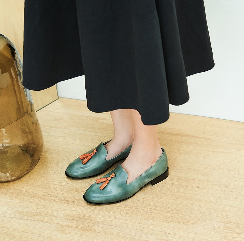 HTHREE 流苏乐福鞋 / 绿灰 - Green Grey / Tassel Loafer - 女款牛津鞋/乐福鞋 - 真皮 绿色
