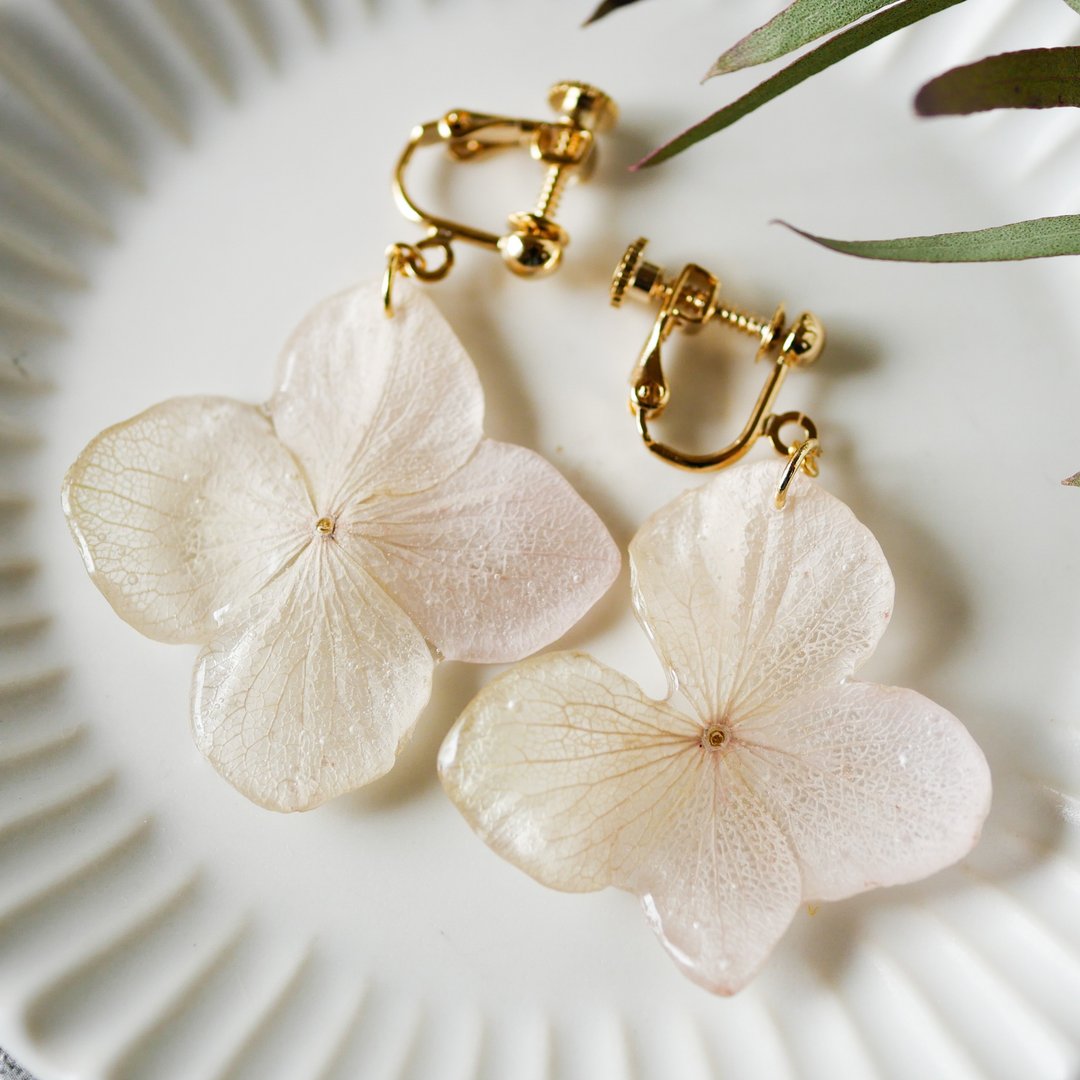 Real hydrangea/natural/gradation/swaying hydrangea Clip-On - 耳环/耳夹 - 树脂 白色