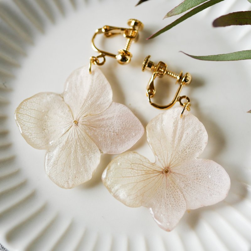 Real hydrangea/natural/gradation/swaying hydrangea Clip-On - 耳环/耳夹 - 树脂 白色