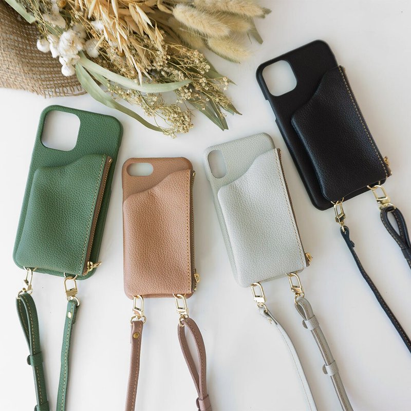 多机型适用【附收纳包 手机壳 荔枝纹真皮】钱包 支架 日本制造 - 手机壳/手机套 - 真皮 多色