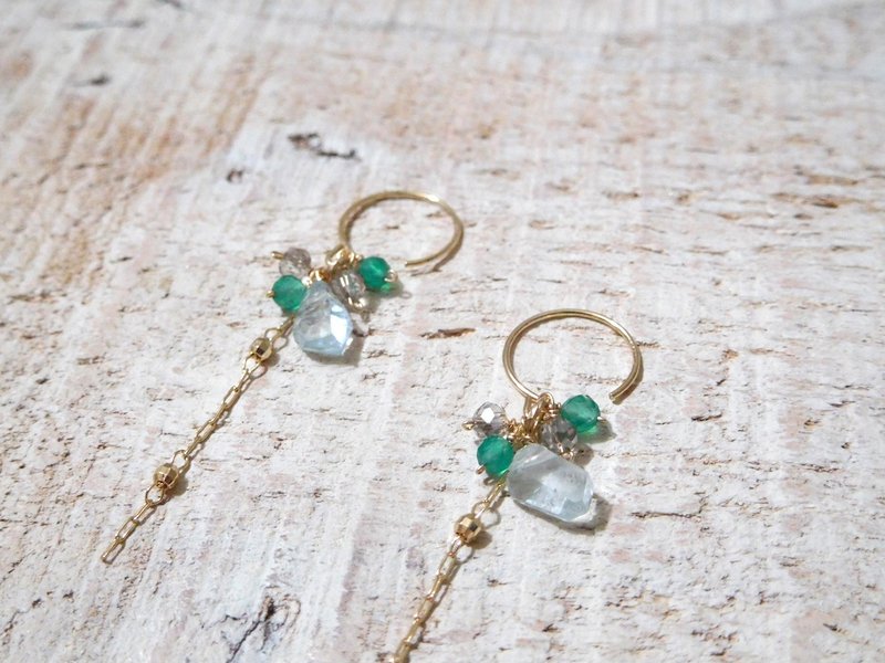 包14k金小圆不规则切割海蓝宝流苏耳环 可改夹 - 耳环/耳夹 - 其他材质 蓝色