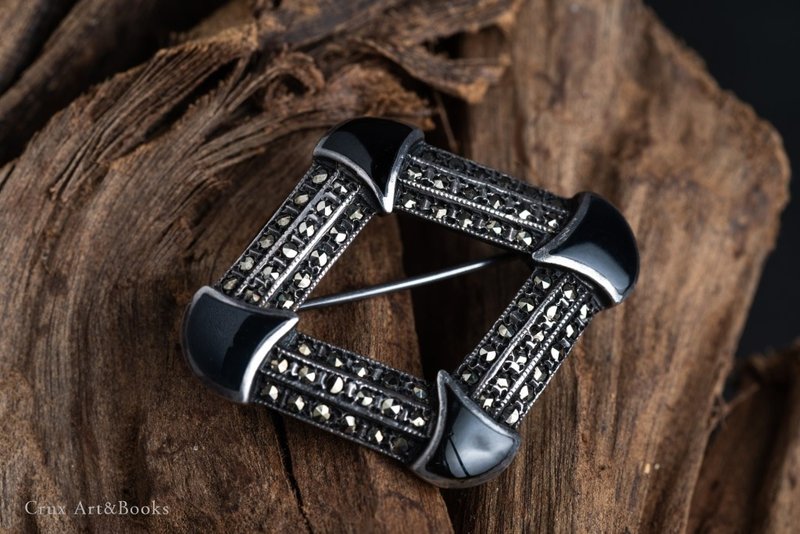 【CRUXART】西洋首饰珠宝-轻奢小品-黑玛瑙菱形胸针-1970s银胸针 - 徽章/别针 - 银 黑色