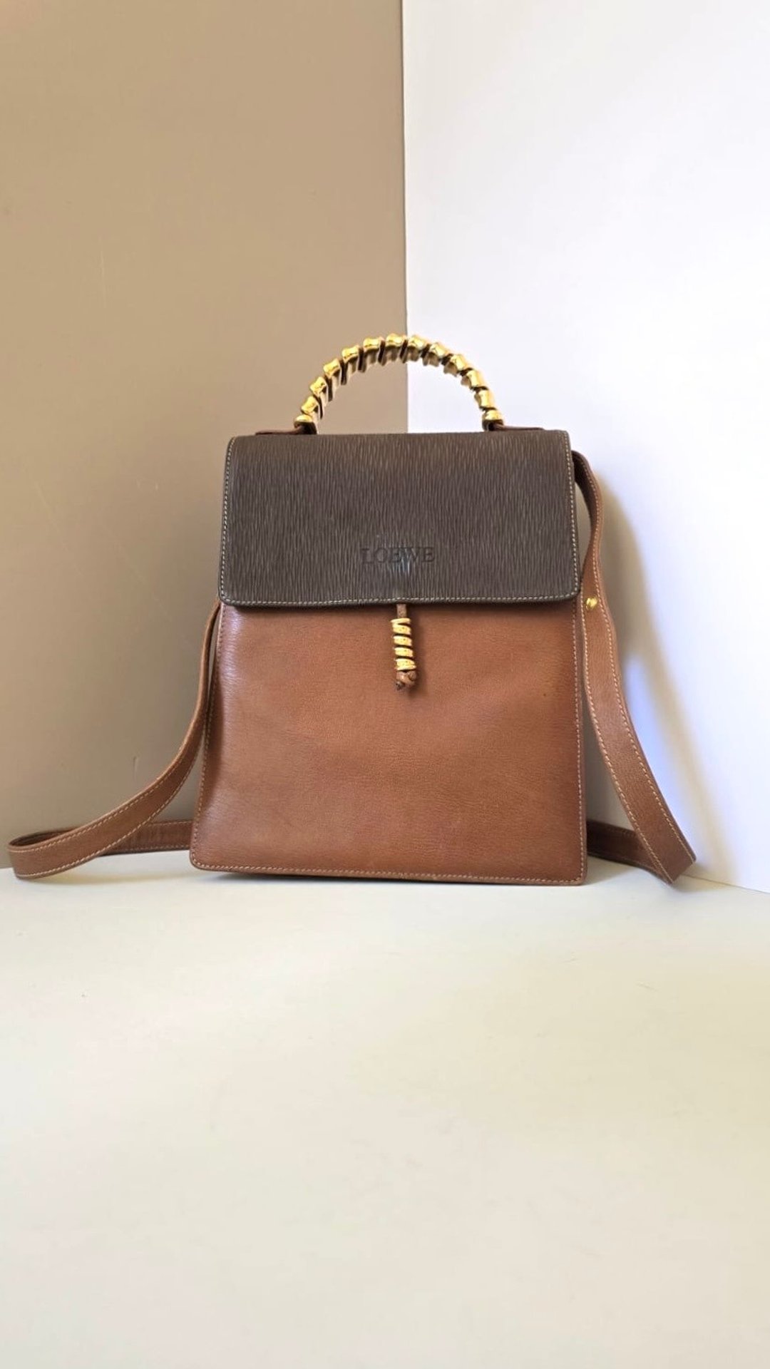 绝版古董包 Loewe中古蛇骨凯莉包 单肩包 皮革包 斜背复古二手 - 侧背包/斜挎包 - 真皮 咖啡色