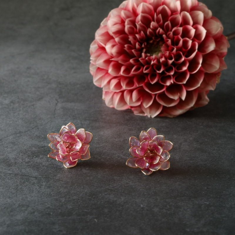 【九月 诞生花】大理花 耳针 耳夹 - 耳环/耳夹 - 树脂 红色