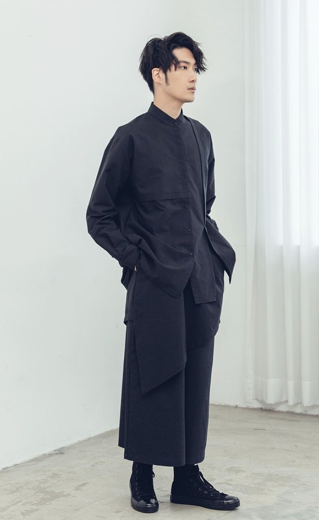 镜反射 不对称立领衬衫(黑/灰/米白) Organic Cotton & Recycle - 男装衬衫 - 棉 黑色