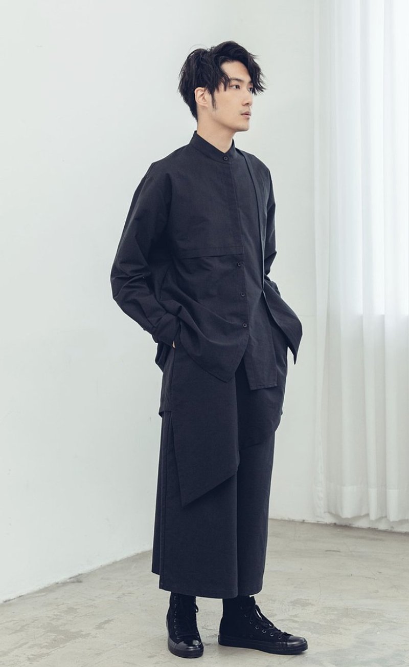 镜反射 不对称立领衬衫(黑/灰/米白) Organic Cotton & Recycle - 男装衬衫 - 棉．麻 黑色
