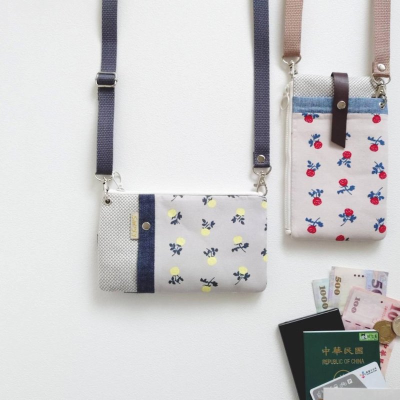 【FPH/3Way手机包(可直可横)】清新小玫瑰 黄 日本刺子布 - 侧背包/斜挎包 - 棉．麻 黄色