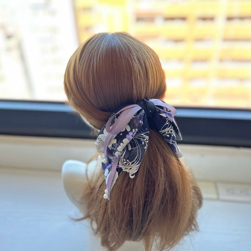 棉布蝴蝶结蕾丝鲨鱼夹抓夹相交夹发夹发饰头饰-夜晚的紫黑色 - 发饰 - 其他材质 紫色