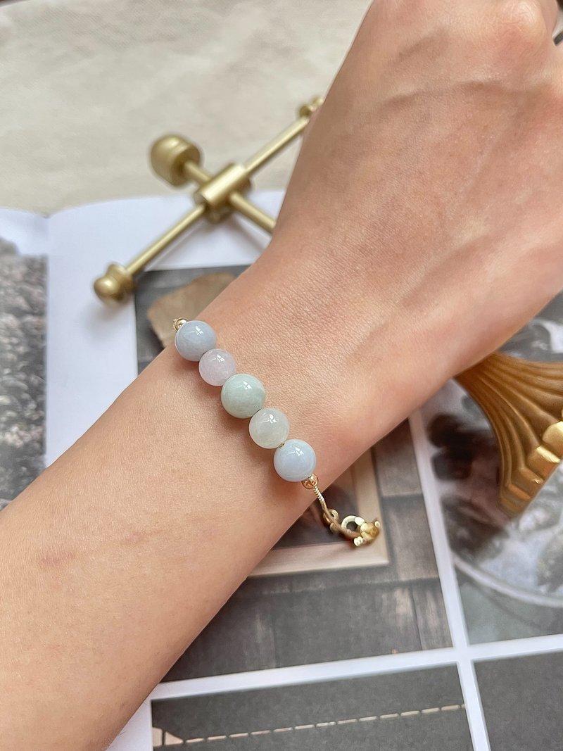 天然缅甸翡翠-可爱马卡龙圆玉14K包金手链 礼物 玉 - 手链/手环 - 玉石 绿色