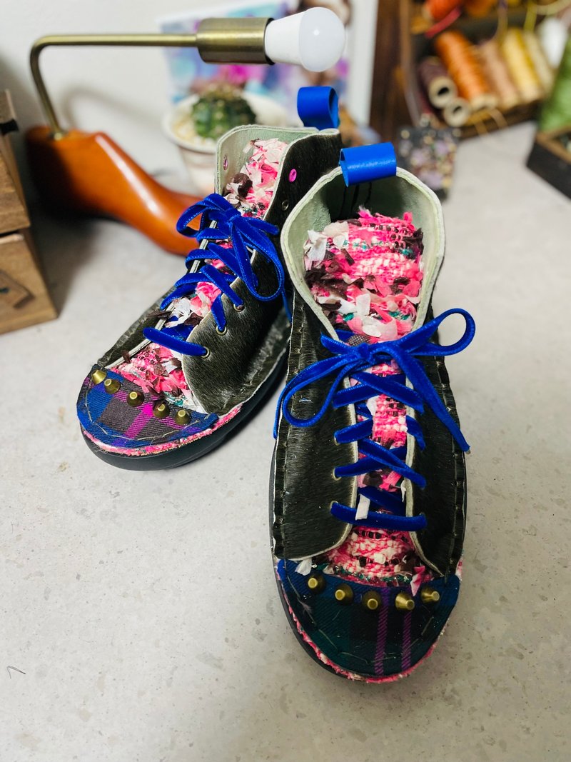 Japan Made 尾州产 粉色斜纹布 x 复古格纹 高筒运动鞋 - 女款运动鞋/球鞋 - 真皮 粉红色