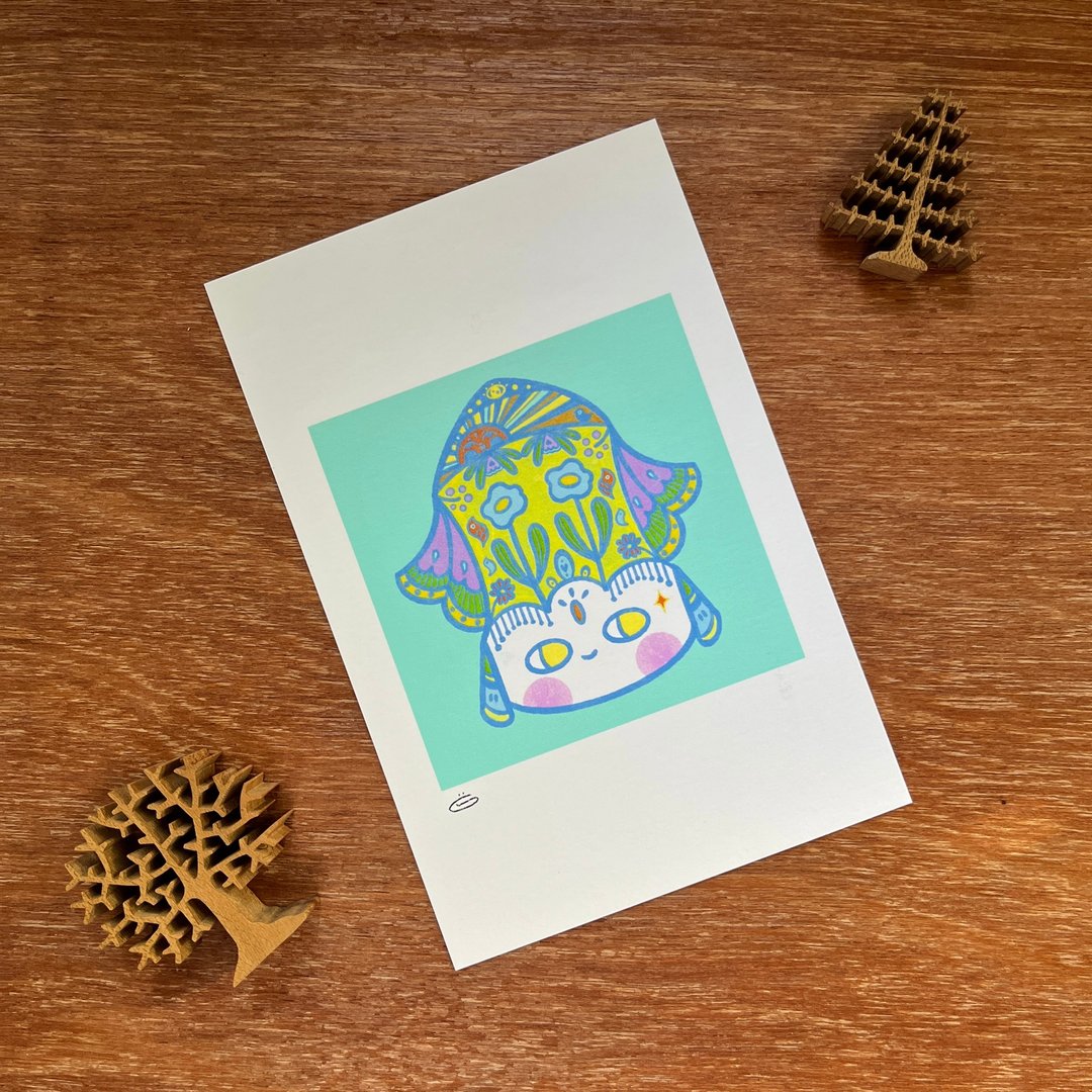 蓝色头饰明信片，尺寸 4x6 英寸 - 卡片/明信片 - 纸 