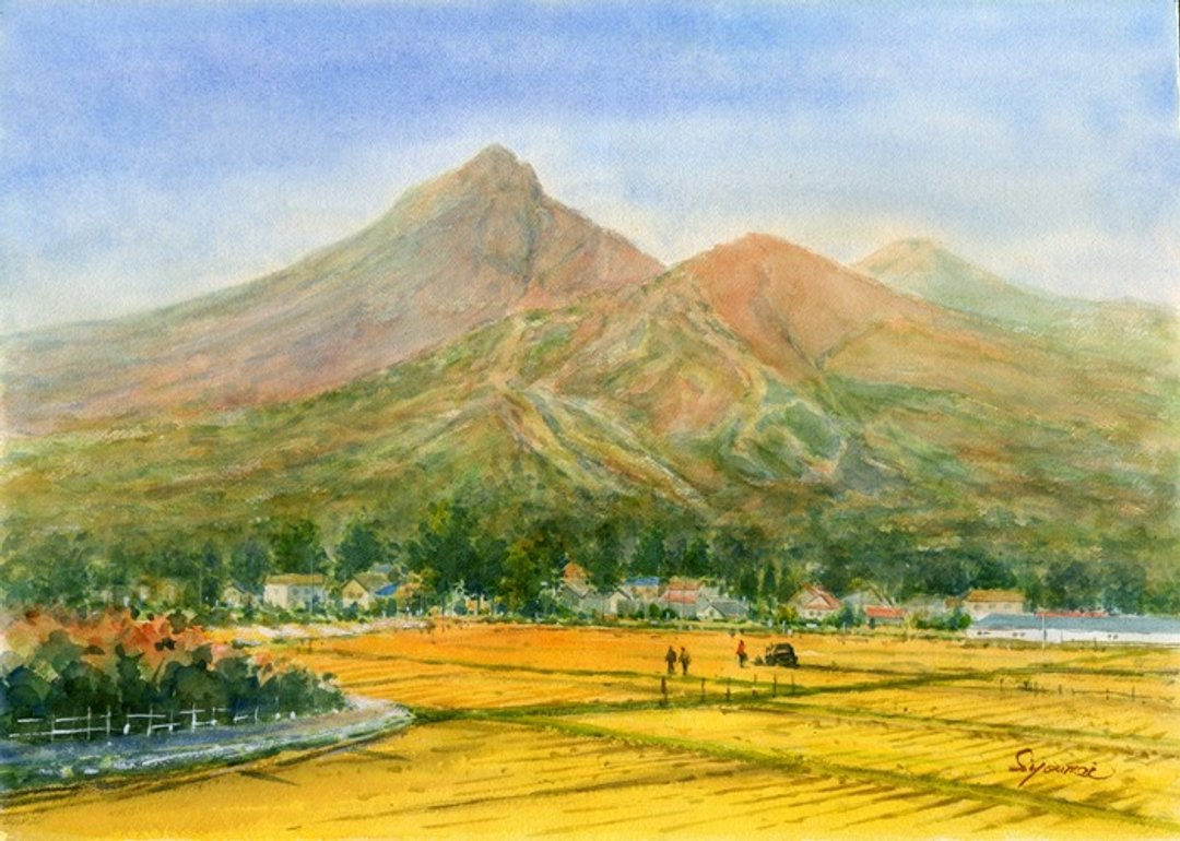 Original watercolor painting Mt. Bandai in autumn - 海报/装饰画/版画 - 纸 橘色