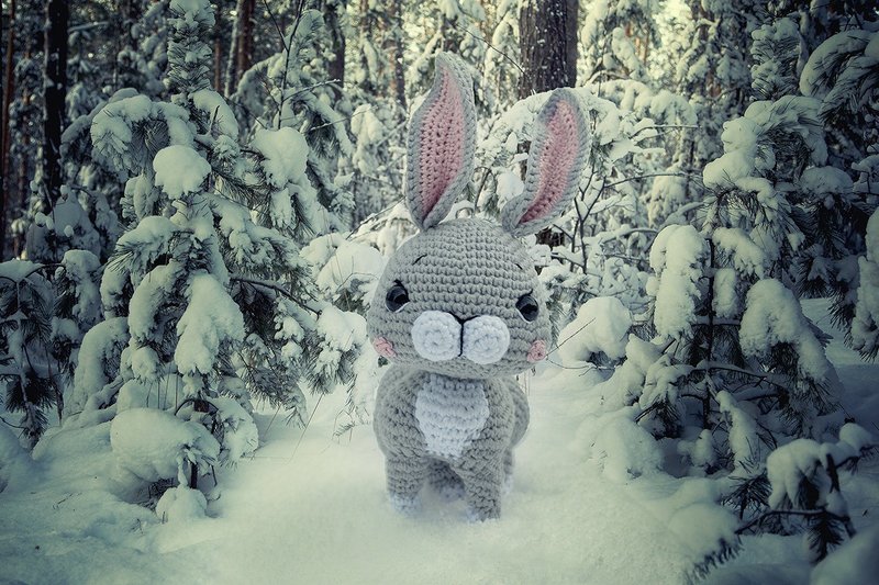 Grey bunny, Crochet bunny, Crochet bunny Stuffed toy, bunny toy - 玩具/玩偶 - 棉．麻 灰色