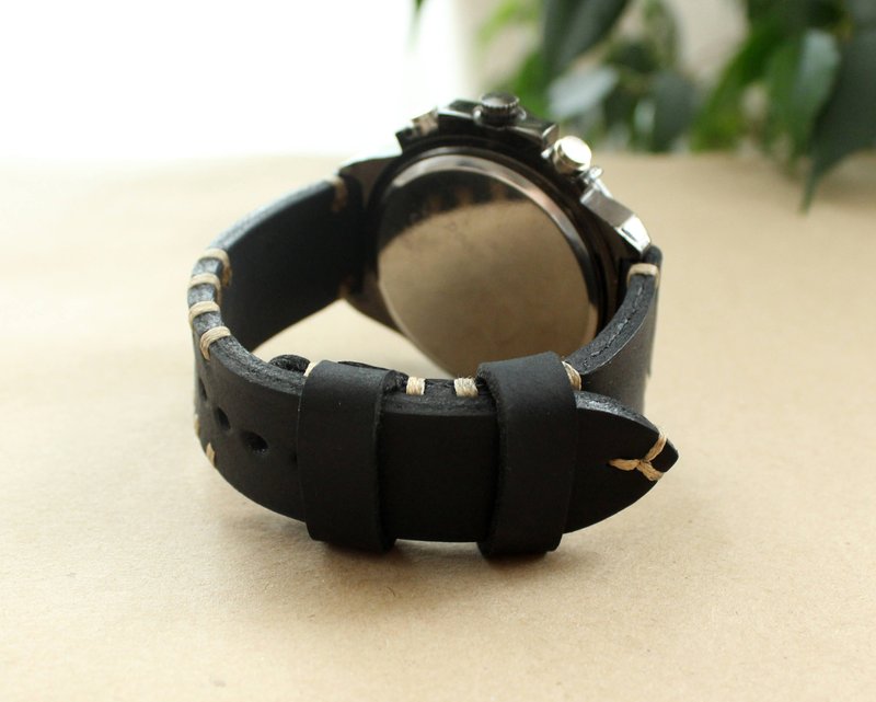 真皮表带黑色配米色男士皮革表带 - 表带 - 真皮 黑色