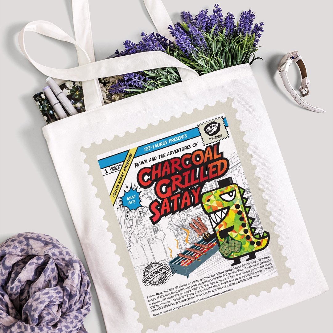 Tee-Saurus Happy Totes - Singapore Charcoal Grilled Satay Cotton Tote Bag - 手提包/手提袋 - 棉 