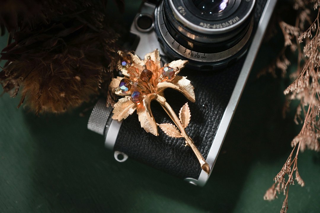 VINTAGE 咖啡 AB 彩玻璃珠金色花束古着胸针 - 胸针 - 其他金属 金色