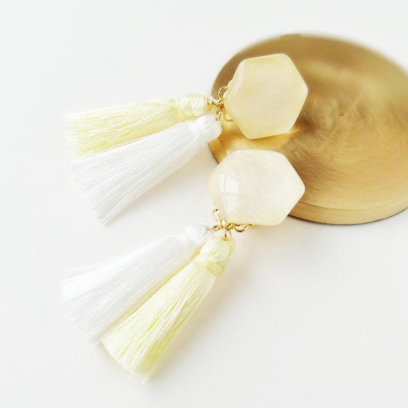 hexagon glossy-tassels【Lemon】Clip-Earrings - 耳环/耳夹 - 丝．绢 黄色