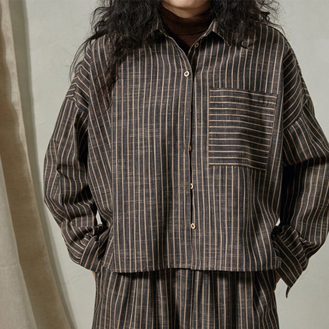 日系色织条纹翻领衬衫 宽松慵懒风复古短外套 - 女装衬衫 - 棉 黑色