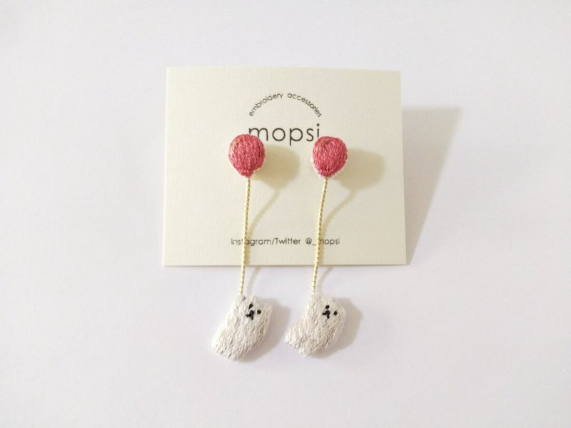 Balloons and polar bear embroidery earrings / Clip-On - 耳环/耳夹 - 绣线 红色