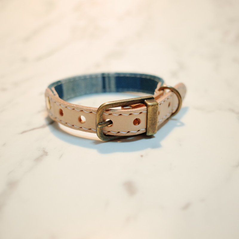 狗 大猫 S号 项圈 土耳其的风采 蓝绿色 格纹 日本布 附铃铛 - 项圈/牵绳 - 棉．麻 