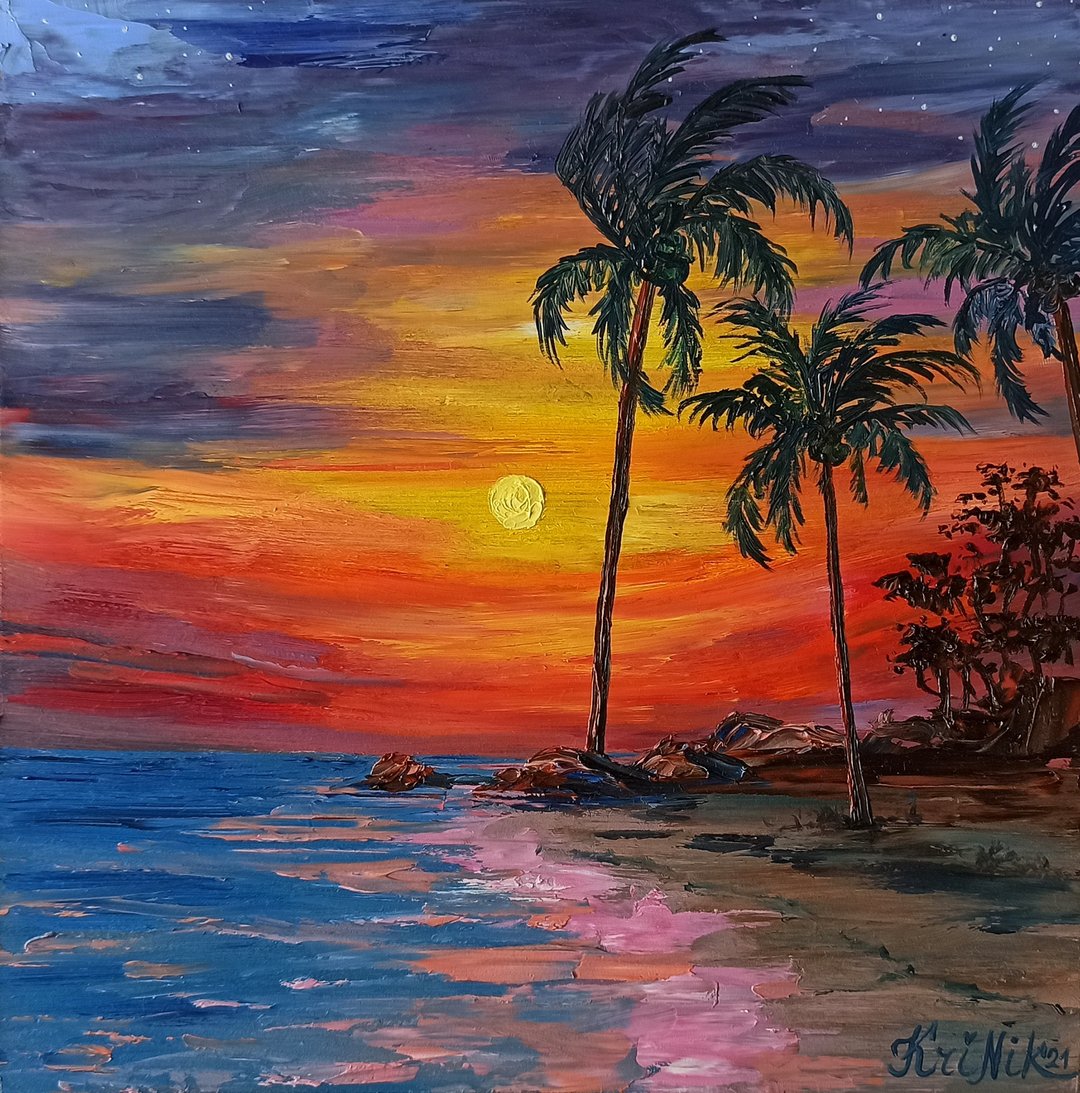 Sunset Beach Painting Seascape Oil Painting Palm Trees Original Art Sunset Sky - 海报/装饰画/版画 - 其他材质 多色