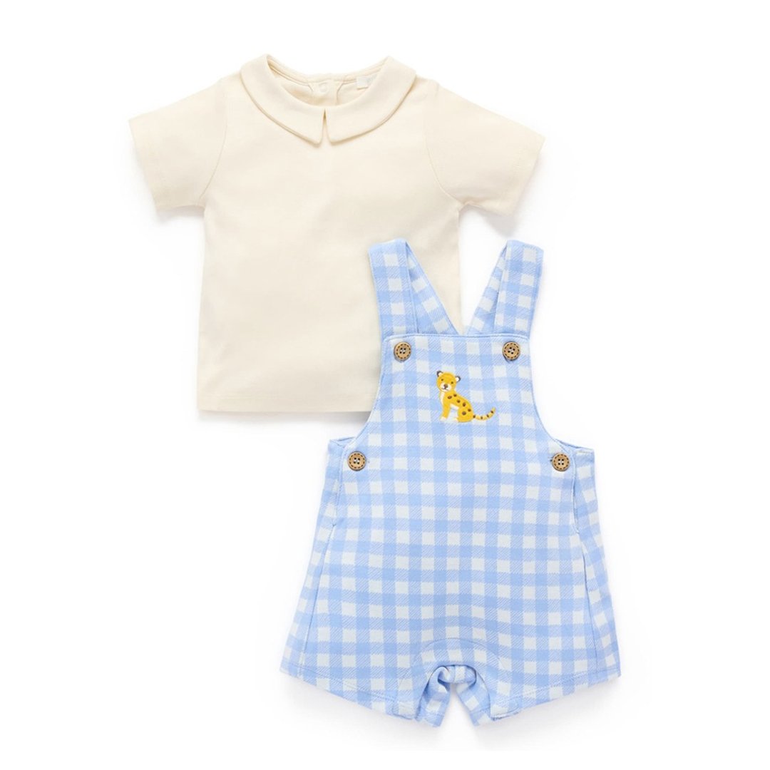 澳洲 Purebaby 有机棉婴儿吊带连身衣套装 6M-2T 蓝格子 - 包屁衣/连体衣 - 棉 