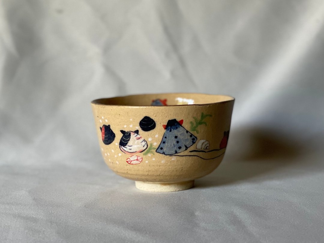贝壳画抹茶碗 - 碗 - 陶 橘色