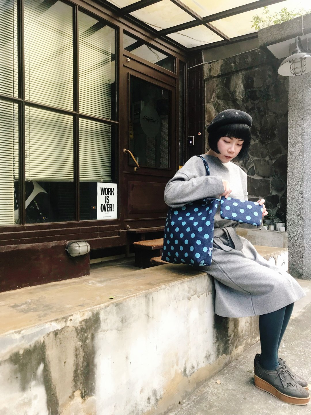 子母包/水蓝波点/肩背包/手提包/小钱包/手机袋 - 侧背包/斜挎包 - 棉 蓝色