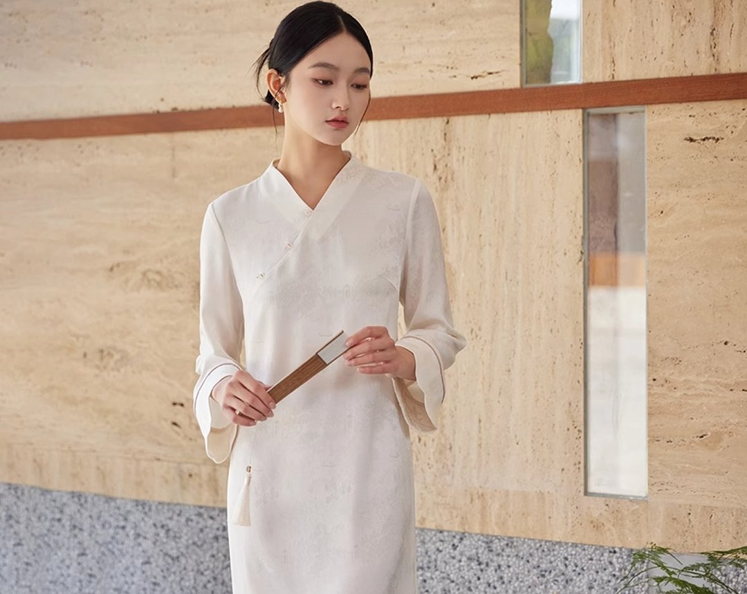 芊芊 新中式醋酸茶服改良旗袍洋裝 - 洋装/连衣裙 - 其他材质 白色