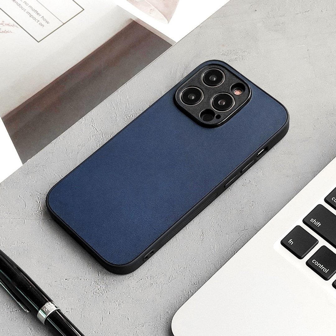 【纯色】iphone16pro真皮手机壳苹果15max保护套13mini后盖14plus - 手机壳/手机套 - 真皮 蓝色