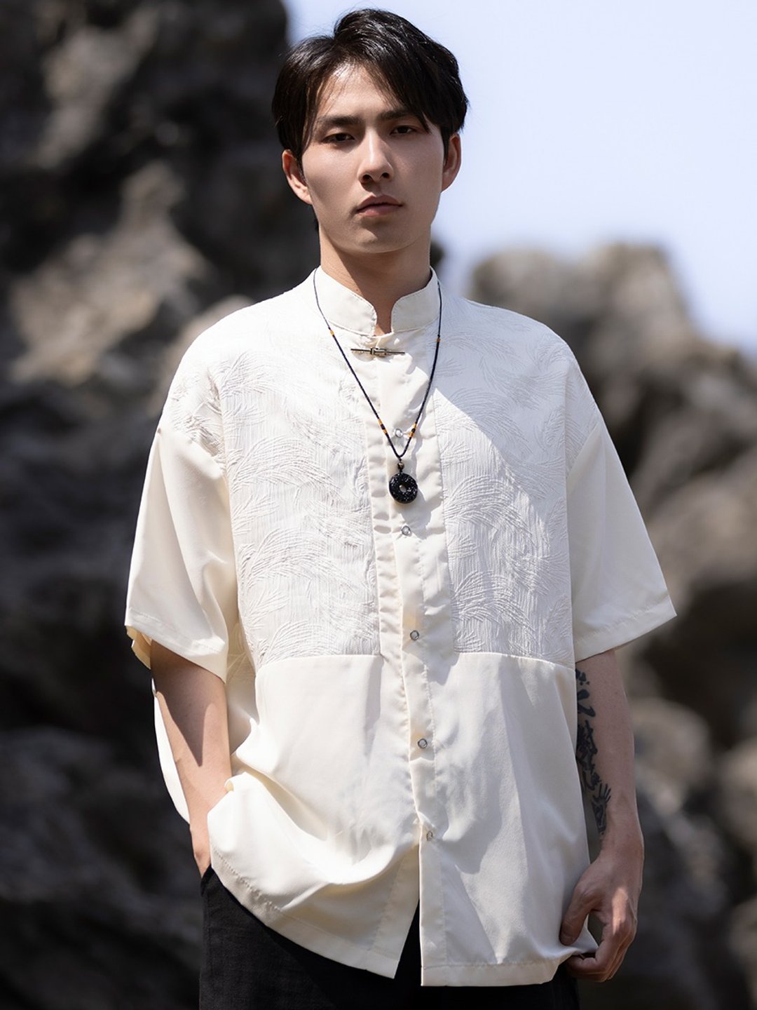 新中式复古 立领极简短袖衬衫 - 男装衬衫 - 其他材质 白色