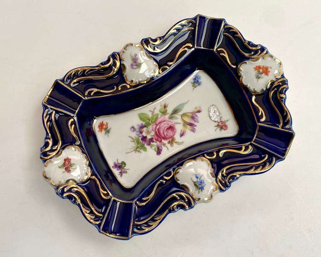 复古陶瓷烟灰缸 Lindner 钴蓝色花卉图案德国 1970 年 - 其他 - 瓷 蓝色