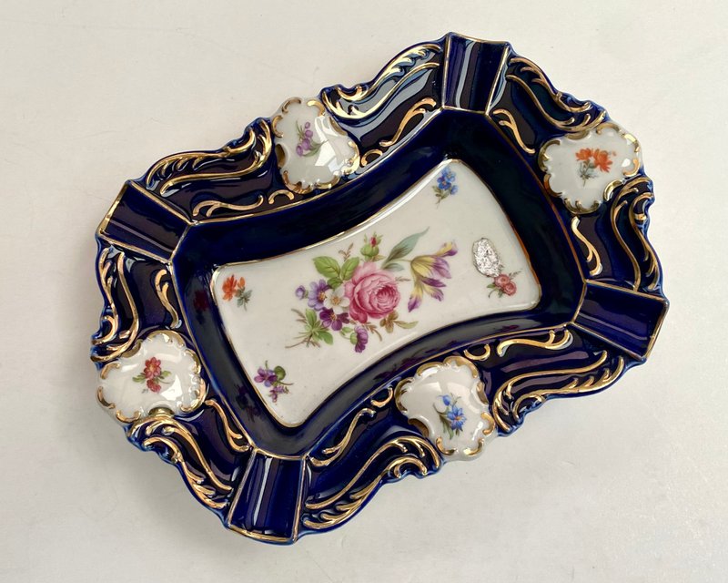 复古陶瓷烟灰缸 Lindner 钴蓝色花卉图案德国 1970 年 - 其他 - 瓷 蓝色