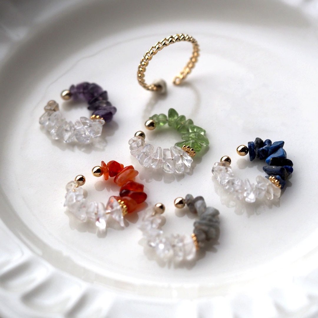 2way | Selectable natural stone x crystal ear cuff | Ring cuff | EC-Set13-2 - 耳环/耳夹 - 半宝石 多色