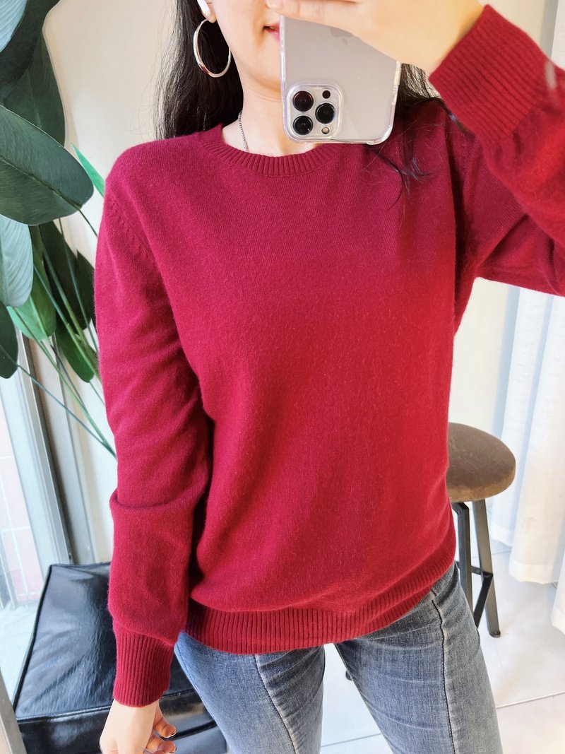 深红圆领简约素面 古董羊绒安格拉羊毛衣毛衫wool angora sweater - 女装针织衫/毛衣 - 羊毛 红色
