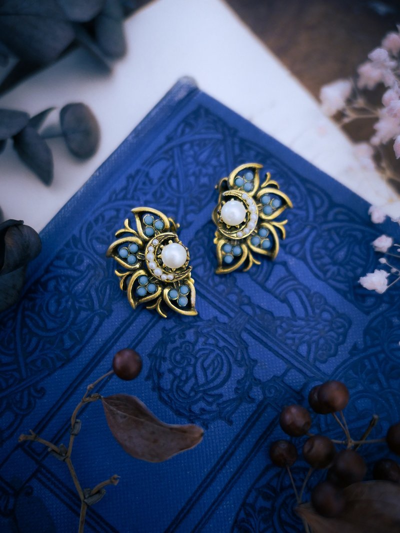 Florenza 弯月 珍珠 花朵 耳环—美国古董首饰 Vintage - 耳环/耳夹 - 其他金属 