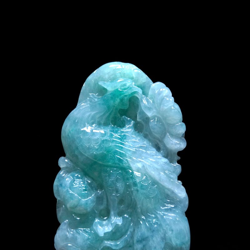 冰种飘绿翡翠精雕凤凰 | 天然缅甸玉翡翠A货 | 送礼 - 吊饰 - 玉石 绿色