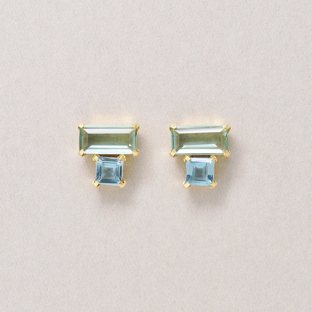 18K/10K 绿色石英蓝色托帕石方形耳环 (黄金) - 耳环/耳夹 - 贵金属 
