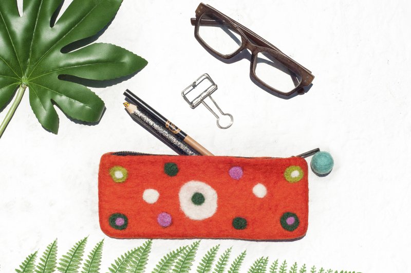 羊毛毡化妆包 民族风包 笔袋 餐具袋 手工水玉包 笔盒-彩虹点点 - 铅笔盒/笔袋 - 羊毛 橘色