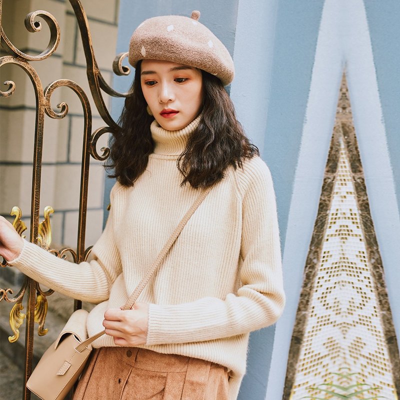 2018女装冬季穿搭高领插肩袖针织上衣 - 女装针织衫/毛衣 - 其他材质 卡其色