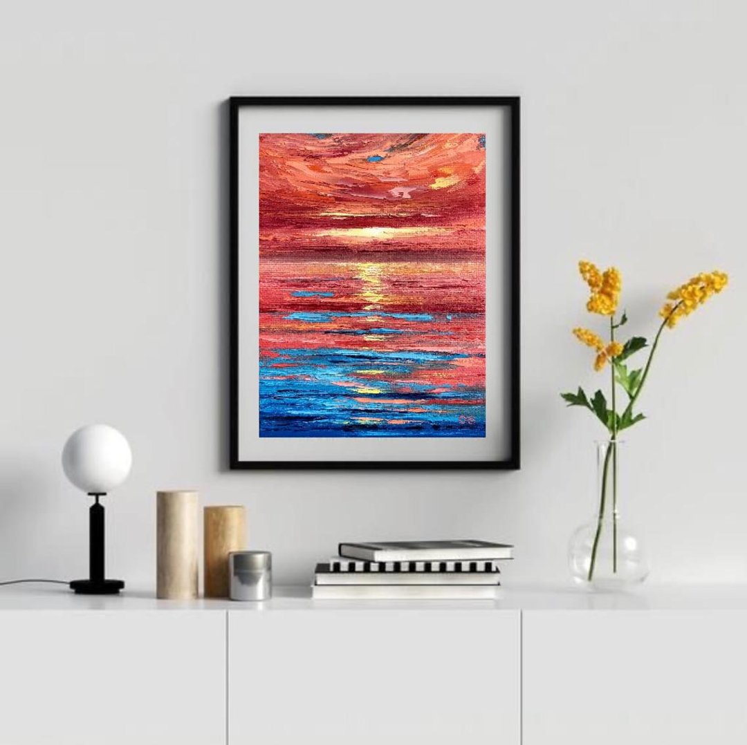 Original Red Seascape Sky Ocean Landscape Sunset Sunrise Oil Painting On Canvas - 墙贴/壁贴 - 棉 多色