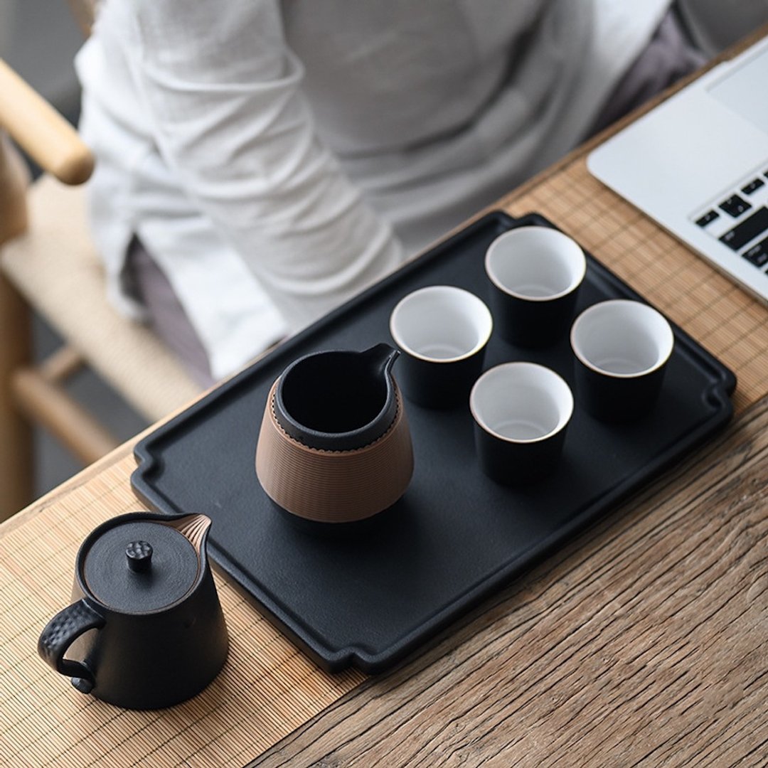 闻说|问鼎黑砂釉粗陶手执壶茶具套装 - 茶具/茶杯 - 陶 黑色