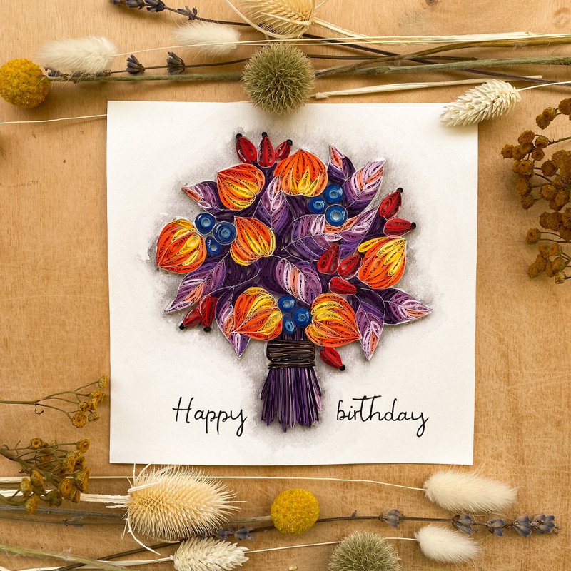Quilling handmade card - Happy birthday. Autumn bouquet. - 卡片/明信片 - 纸 多色