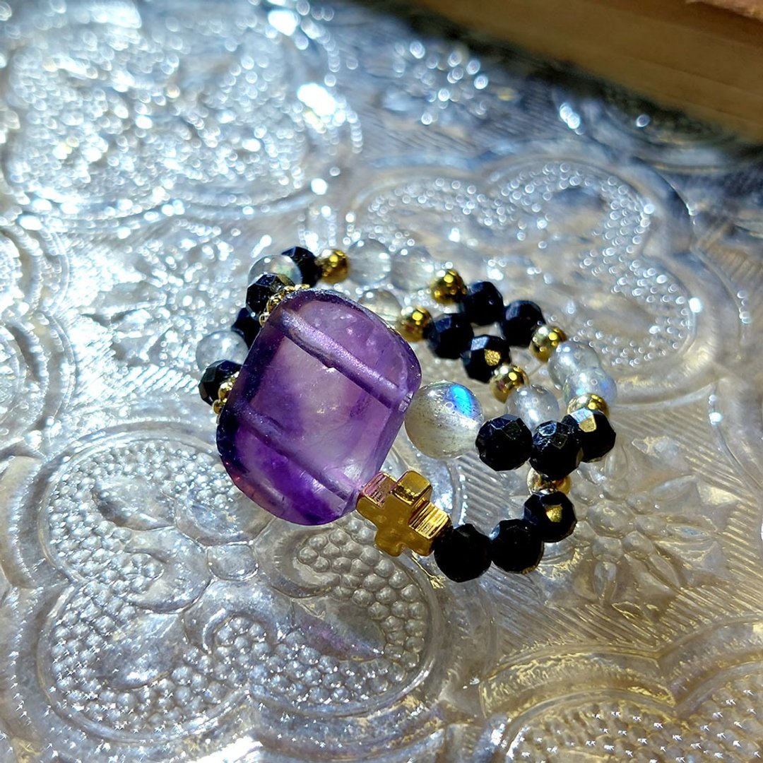 生命之光戒指 | 彩虹萤石 | 拉长石 | 黑尖晶 | 一品一拍 | - 戒指 - 水晶 