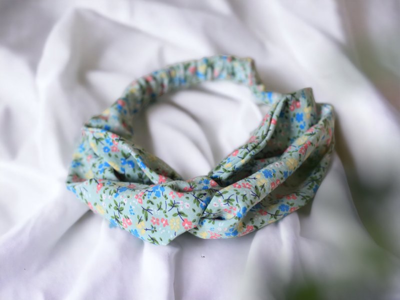 手作交叉发带。湖水花漾 - 发带/发箍 - 棉．麻 绿色