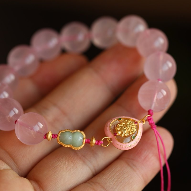 天然原矿马达加斯加粉水晶 白水晶九尾狐爱心配饰设计单圈手串 - 手链/手环 - 半宝石 粉红色