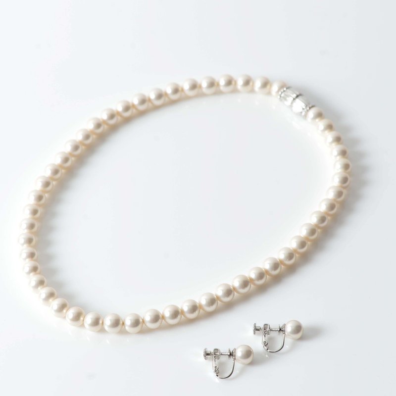 SHELL PEARL 入园入学 8mm 42cm 贝壳珍珠【泉州贝壳珍珠】项链・耳环组 毕业 卒园 结婚 婚丧喜庆 经典尺寸 白 - 项链 - 贝壳 白色