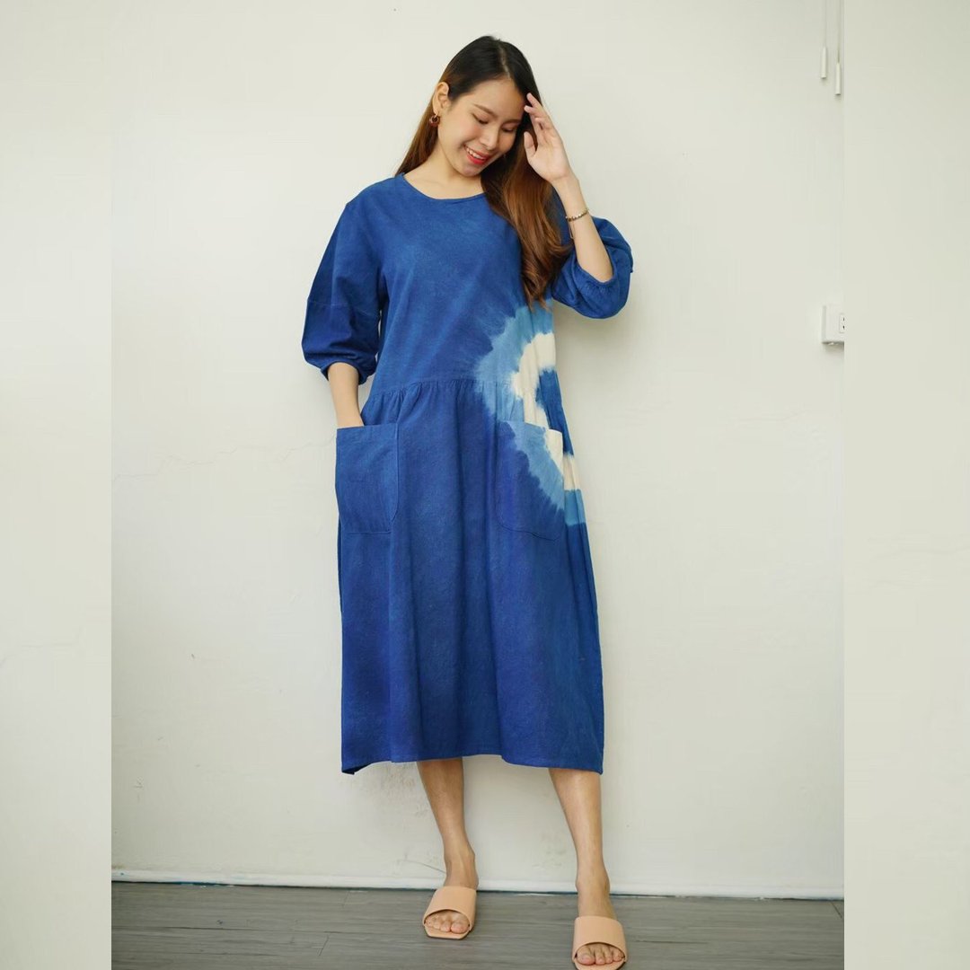 Puff Sleeve Target 圆领渐层靛染泡泡袖连身裙 枪靶图腾 - 洋装/连衣裙 - 棉 蓝色