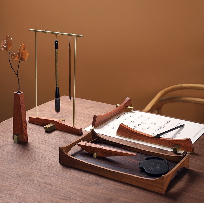 古風文房四宝 黄铜毛笔架 花梨木 纸镇 香插 書法家禮物 同學禮物 - 其他 - 木头 