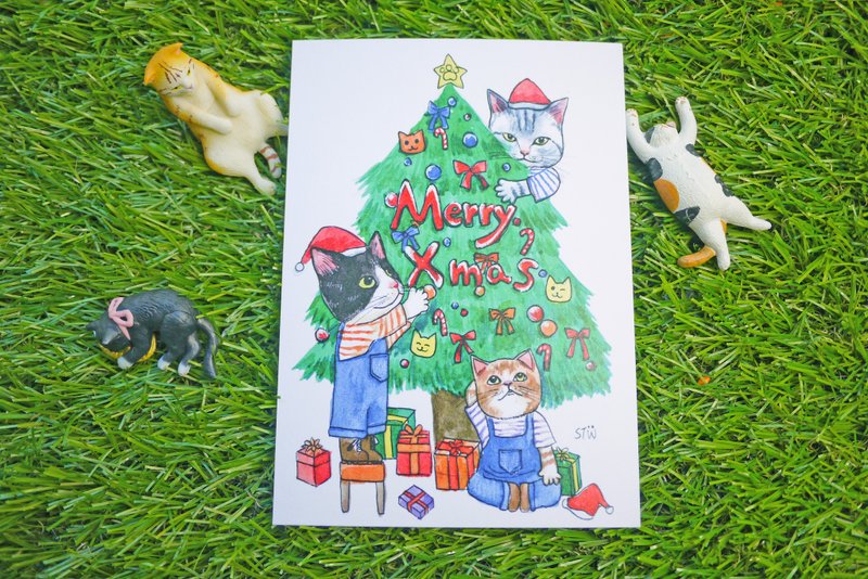 圣诞卡片猫树xmas - 卡片/明信片 - 纸 绿色